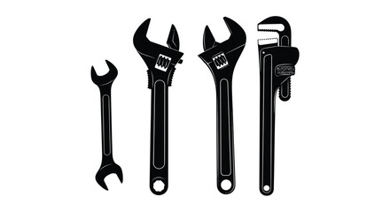 Set of four black wrenches and pipe wrench isolated tools for plumbing and construction vector