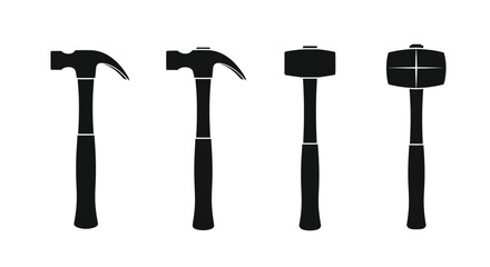 Four black silhouettes of hammers and mallets on a vector