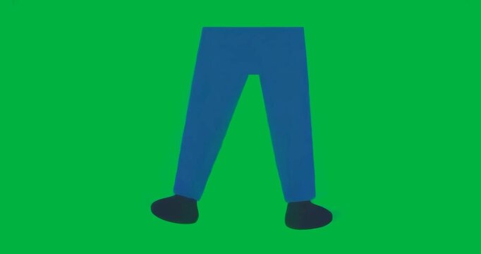 Upon playback blue pants moving inward feet converging on clear background showing stance closure