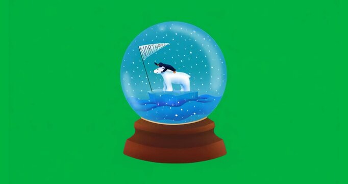 Snowflakes drifting, swirling around bear on ice floe inside snow globe on transparent background