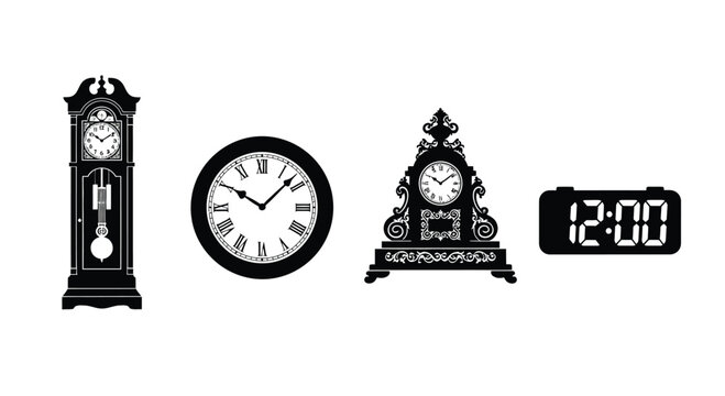 Collection of diverse timepieces showing different eras and styles of clocks vector