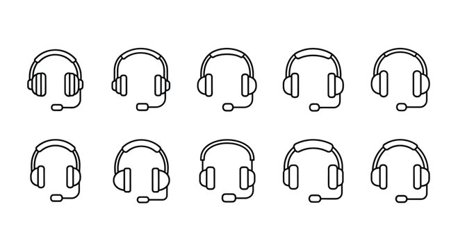 Collection of line art headset icons symbolizing communication and support services vector