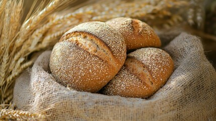 Three freshly baked bread rolls in a burlap sack with wheat ears in the background.