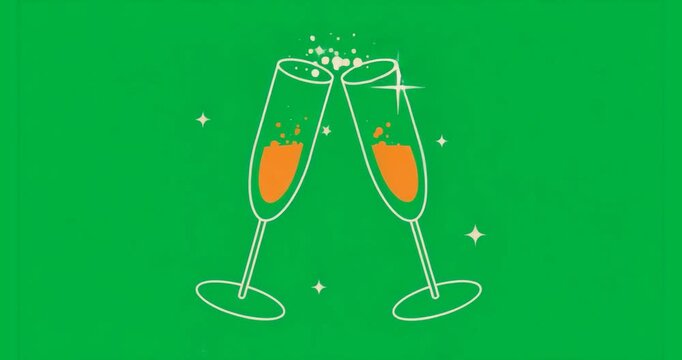 Glasses clinking after tilt releasing bubbles and sparkles marking toast on transparent background
