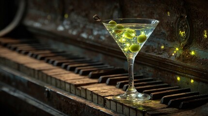 A beautifully crafted martini glass filled with olives sits on the keys of an old piano, illuminated by soft glowing lights, creating a warm and inviting atmosphere for a cozy evening.
