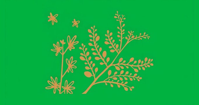 Showing static illustration with orange branch, daisy stem, star blooms on clear blue wash backdrop