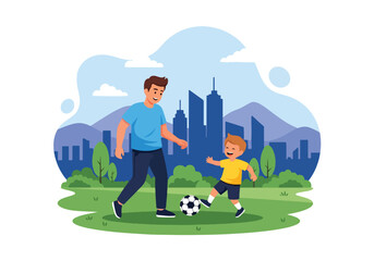 Adobe illustrator artwork vector illustration. A father and son play soccer in a park, enjoying quality time and sports amidst a vibrant natural and urban landscape