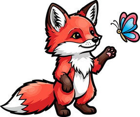 Obraz premium curious fox and flutterby a moment of gentle wonder, isolated on transparent background