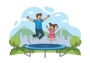 Adobe illustrator artwork vector illustration. A happy father and daughter joyfully jumping on a trampoline outdoors, celebrating fun family moments with a cityscape view