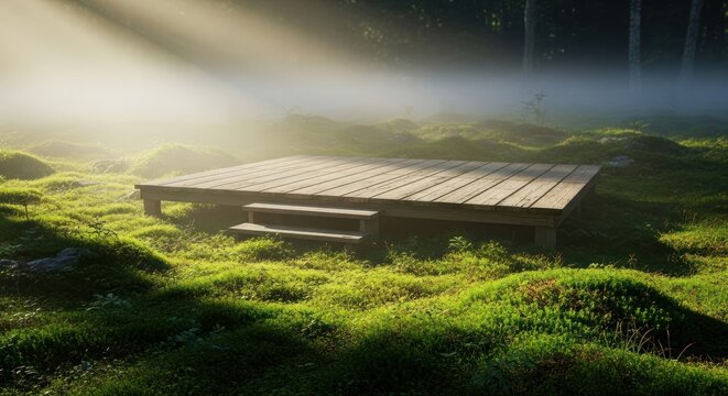 Wooden platform in a misty meadow at sunrise, creating a serene and peaceful scene in the tranquil forest environment