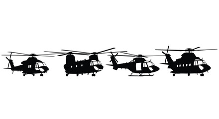 Diverse military helicopter fleet silhouettes isolated on white demonstrating air power and aviation technology vector