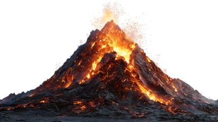 Fiery volcano erupting with lava and smoke isolated on transparent background