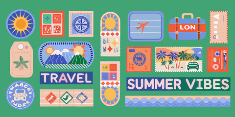Collection of colorful travel themed stickers and stamps with summer vacation motifs © Pabitra
