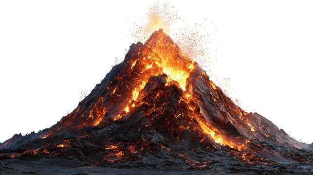 Fiery volcano erupting with lava and smoke isolated on transparent background - Powered by Adobe