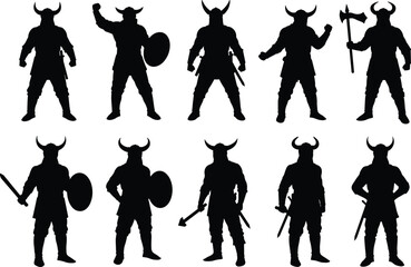 Silhouette Viking warriors in various battle poses holding swords, shields, and axes, medieval fighter illustration, Norse mythology, ancient warrior vector graphic