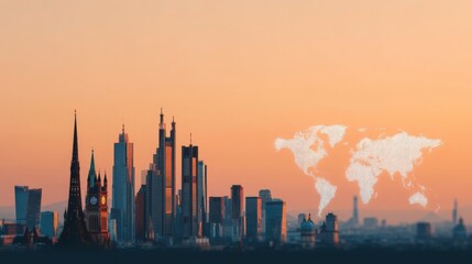 Global Economy and Trade Integration, City skyline at sunset with a world map overlay, showcasing modern architecture and a vibrant atmosphere.