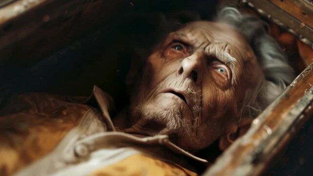 Close-up of an old man waking up inside a coffin with a shocked, fearful expression. Buried alive or resurrection horror theme.