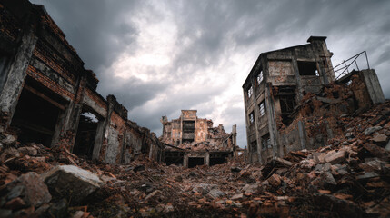 Abandoned building ruined structure dramatic sky broken wall debris destruction urban decay gloomy disaster empty
