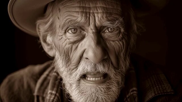 Closeup of old man in hat talking in monochrome