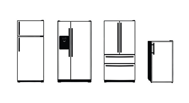 Four different refrigerator models showcasing various designs and sizes for home appliances vector