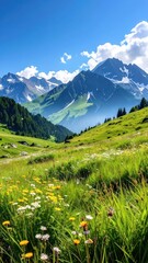 Fototapeta premium Scenic Mountain Landscape with Green Valley and Blue Sky
