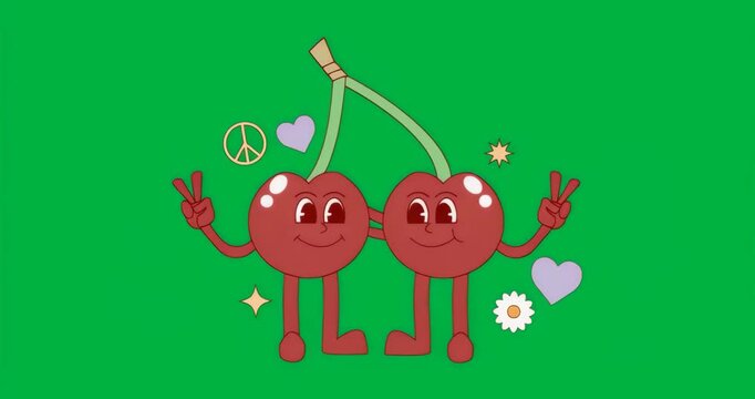 On start cherries spreading peace shifting bouncing with floating icons on clear background