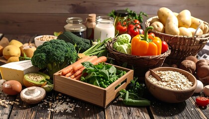 Assorted fresh produce and dairy products on a wooden table