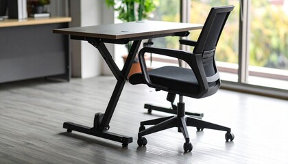 A modern office workspace featuring a black desk and an ergonomic mesh swivel chair on a light wood floor.