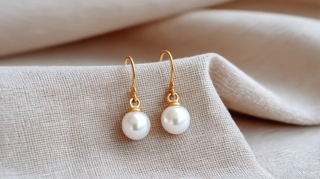 Elegant pearl earrings hang delicately on a soft fabric, showcasing their classic beauty and timeless style.