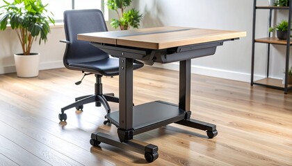 A modern height-adjustable rolling desk with a light wood top next to a black office chair in a bright room.