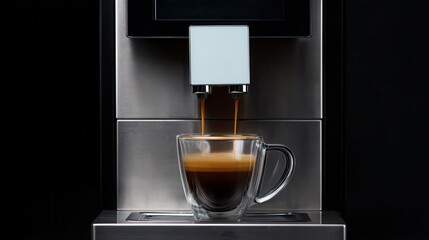 A sleek coffee machine pours rich espresso into a clear glass cup, showcasing a modern design against a dark background.