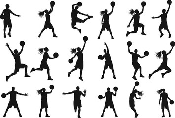 Silhouette basketball players performing various actions with balls isolated on white background, sports illustration, athletic movement, dunking, dribbling, shooting vector graphic elements
