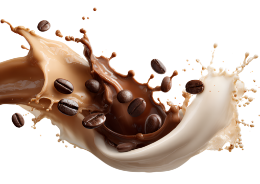 a coffee cream splash with some coffee beans, transparent background, in png format 