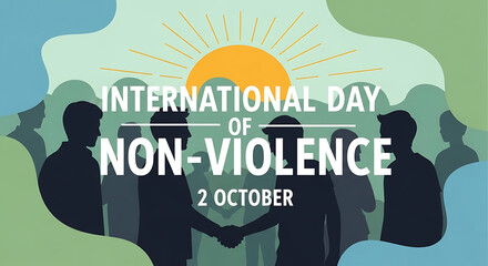 Illustration for International Day of Non-Violence, featuring silhouettes, a handshake, and a sun.