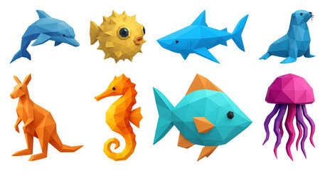 Fototapeta premium PNG Colorful geometric sea animal illustrations, element set on transparent background