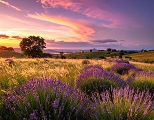 Fototapeta premium Vibrant Lavender Field Under Sunset Sky with Colorful Cloud Patterns