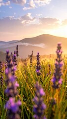 Scenic Lavender Field at Sunrise with Misty Mountains in Background