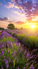 Obraz premium Beautiful Lavender Field Under Colorful Sunset Sky