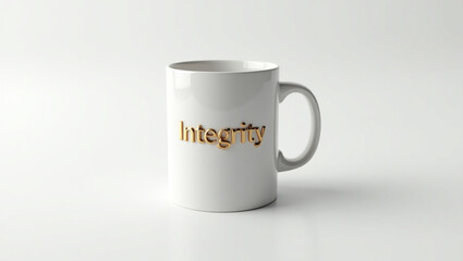 Integrity golden text on a white mug isolated on white background the word integrity is written in gold letters on the side of the mug, which is placed against a white background