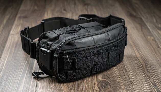 A black tactical waist bag with MOLLE webbing and an adjustable strap, resting on a dark wooden surface.