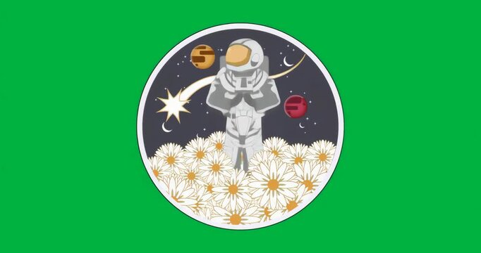 Patch popping, astronaut floating above daisies clasping hands meditating in transparent backdrop