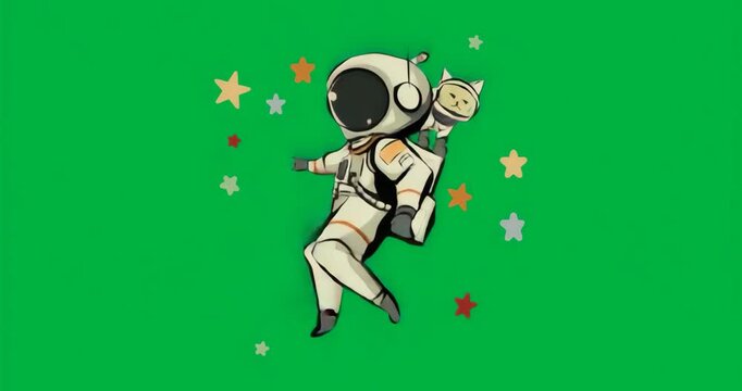 Opening frame showing astronaut with cat drifting, rotating in zero-g on transparent background