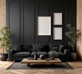 Dark Modern Living Room with Black Sofa and Wooden Coffee Table