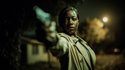Obraz premium A powerful woman in action aims her gun decisively, embodying courage, authority, and determination.