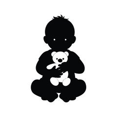 Silhouette of a Baby Sitting and Cradling a Light Colored Teddy Bear, newborn baby holding stuffed animal silhouette vector illustration