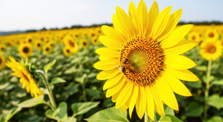 A sunflower with a bee on it in a field of sunflowers.