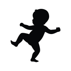 Silhouette of a baby learning to walk with arms outstretched for balance, newborn baby kicking legs silhouette vector illustration