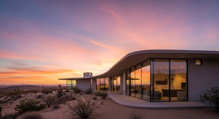 Fototapeta premium A modern house with a curved roof sits in the desert at sunset, with a colorful sky and desert plants