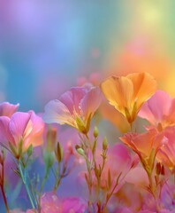 Delicate Pink Orange Yellow Flowers Soft Pastel Background Dreamy Ethereal Mood