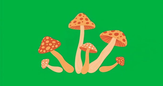 Mushroom cluster appearing, aura pulsing, noise flickering emphasizing fungus on transparent layer